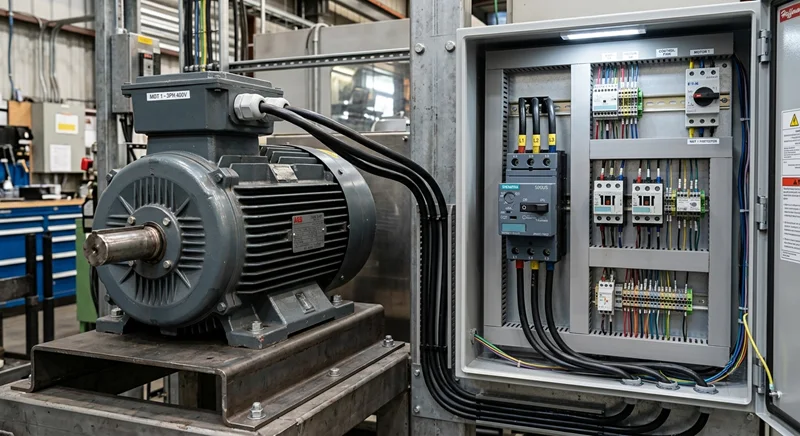 Three-phase motor with connected motor protector device in an industrial control panel